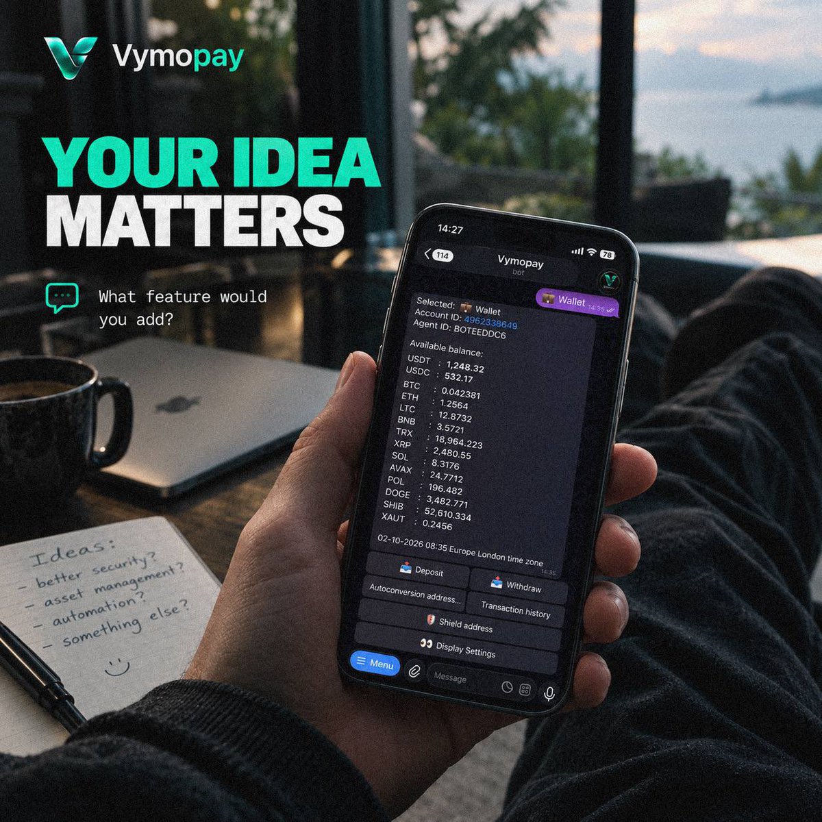 OfficialVymopay's tweet photo. If you could add ONE feature to VymoPay, what would it be?

A smarter way to manage assets? More privacy? Better automation? Something we haven’t even thought of?

Tell us what you want to see next. The most interesting ideas might make it into our wallet. https://t.co/zv8QPoa4sW