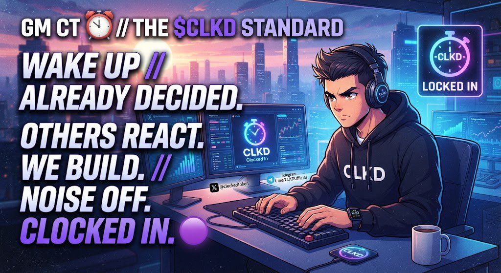seniorpunko's tweet photo. GM CT ⏰

New day. Same clock. Different energy.

Most people wake up reacting.  
The ones who win wake up already decided — focused, consistent, and locked in before the noise even starts.

That’s the $CLKD standard.  
No waiting for the perfect setup.  
No chasing every trend.  
Just showing up early and staying on time while others are still figuring out the plan.

Clock in. Stay locked. Build.

Telegram → https://t.co/2VrwIqNpwR  
X → https://t.co/uHw4VjTSdH

You were early. Now you’re Clocked In. 🟣
