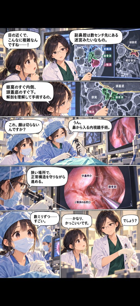 33875jbk's tweet photo. 診療科選びに迷っている研修医の皆さんに、耳鼻科の良さを伝えたくて漫画を作ってみました🥰先輩が考えたプロンプトで10分で生成した漫画だけどかなり良作かと！ぜひ読んでみて下さい🩷
#耳鼻科はいいぞ https://t.co/etTK6ouy28