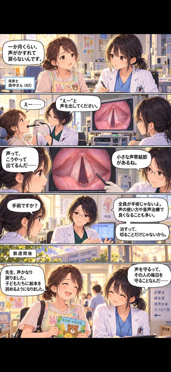33875jbk's tweet photo. 診療科選びに迷っている研修医の皆さんに、耳鼻科の良さを伝えたくて漫画を作ってみました🥰先輩が考えたプロンプトで10分で生成した漫画だけどかなり良作かと！ぜひ読んでみて下さい🩷
#耳鼻科はいいぞ https://t.co/etTK6ouy28