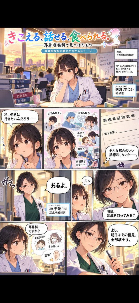 33875jbk's tweet photo. 診療科選びに迷っている研修医の皆さんに、耳鼻科の良さを伝えたくて漫画を作ってみました🥰先輩が考えたプロンプトで10分で生成した漫画だけどかなり良作かと！ぜひ読んでみて下さい🩷
#耳鼻科はいいぞ https://t.co/etTK6ouy28