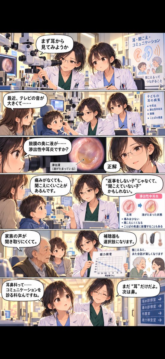 33875jbk's tweet photo. 診療科選びに迷っている研修医の皆さんに、耳鼻科の良さを伝えたくて漫画を作ってみました🥰先輩が考えたプロンプトで10分で生成した漫画だけどかなり良作かと！ぜひ読んでみて下さい🩷
#耳鼻科はいいぞ https://t.co/etTK6ouy28