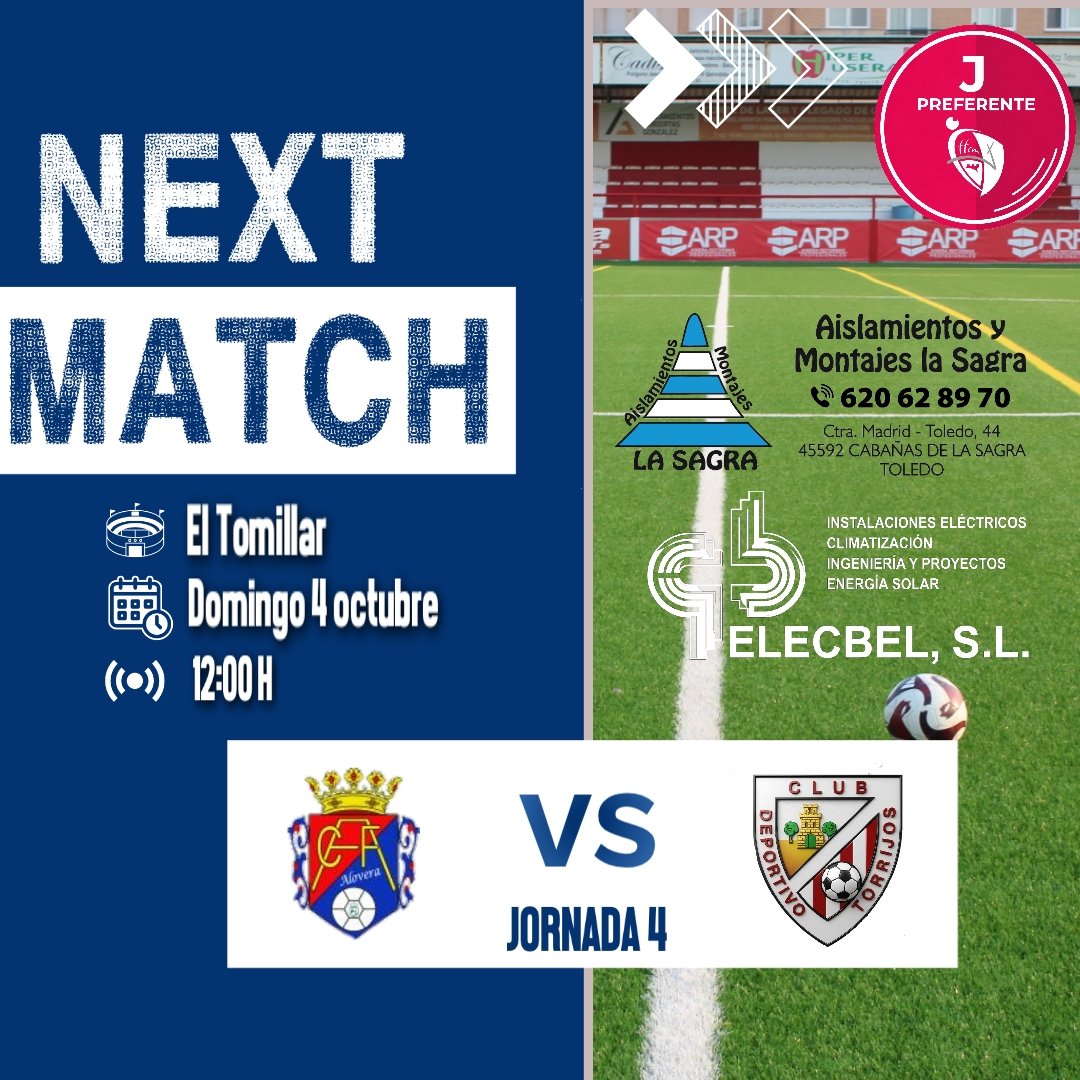 CanteraTorrijos's tweet photo. 🔴⚪️ JORNADA 4 | JUVENIL PREFERENTE ⚪️🔴

Este domingo, nueva cita para nuestro Juvenil Preferente. ¡Nos vamos a El Tomillar! 💪⚽️

🆚 CF Alovera
📅 4 de octubre 
 ⏰ 12:00 H
🏟️ El Tomillar

#canteracdtorrijos 
#SomosTorrijos https://t.co/71PLaqI470