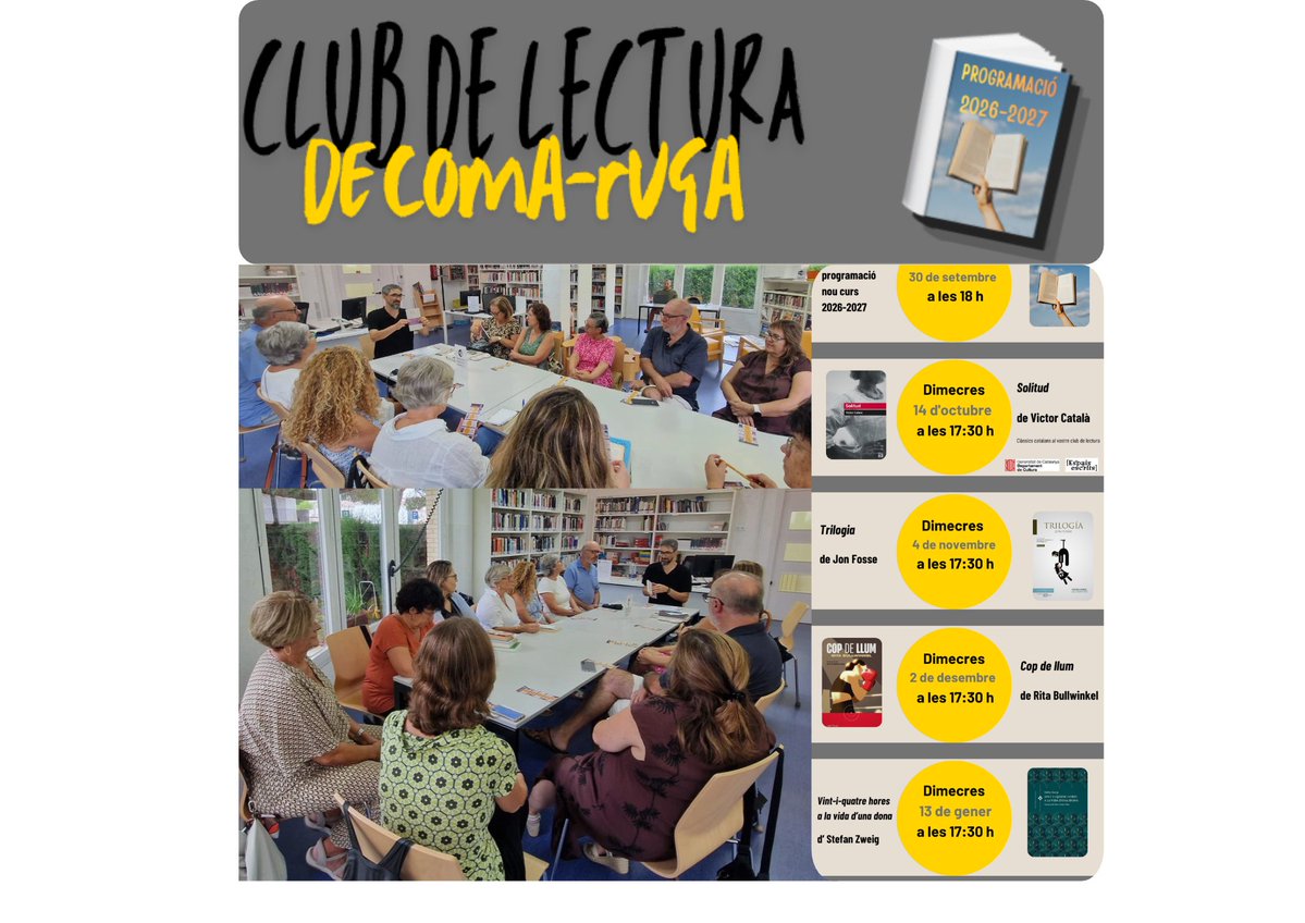 BiblioVendrell's tweet photo. 📚✨ El Club de lectura de Coma-ruga torna a posar-se en marxa!

El passat 30 de setembre ens vam retrobar a la Sala de Lectura de Coma-ruga @bibliovendrell per donar el tret de sortida a un nou curs del Club
.
📅 Ja tenim, doncs, les properes cites marcades al calendari. https://t.co/jN74HfViqq