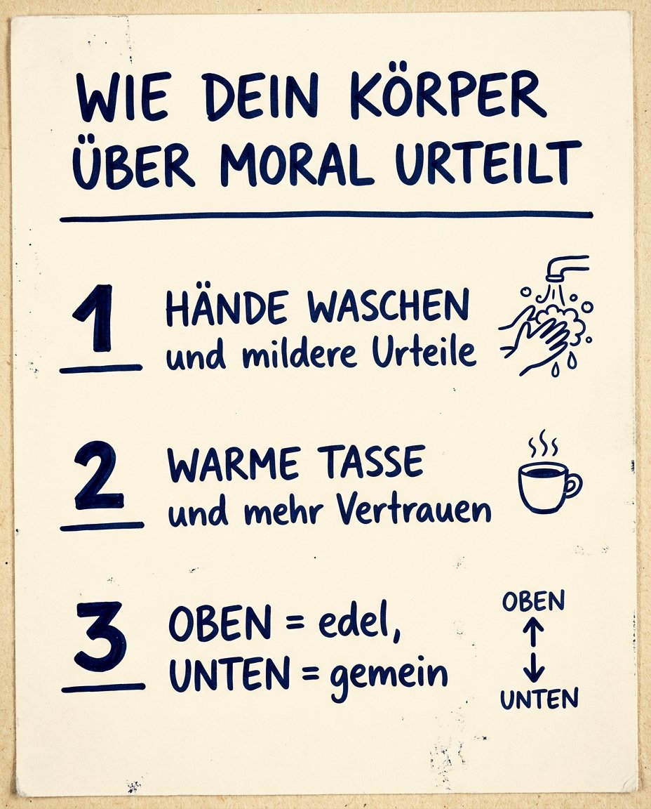 MarianZefferer's tweet photo. Du sagst „schmutzige Geschichte" oder „warmer Mensch" - und glaubst, Du beschreibst nur. Tatsächlich aktivierst Du Körpererfahrung im Hirn des Anderen. Und die formt sein moralisches Urteil mit.

Eine Review-Studie zu moralischen Metaphern zeigt:

- Hände waschen … https://t.co/wPBa6h8Q4q