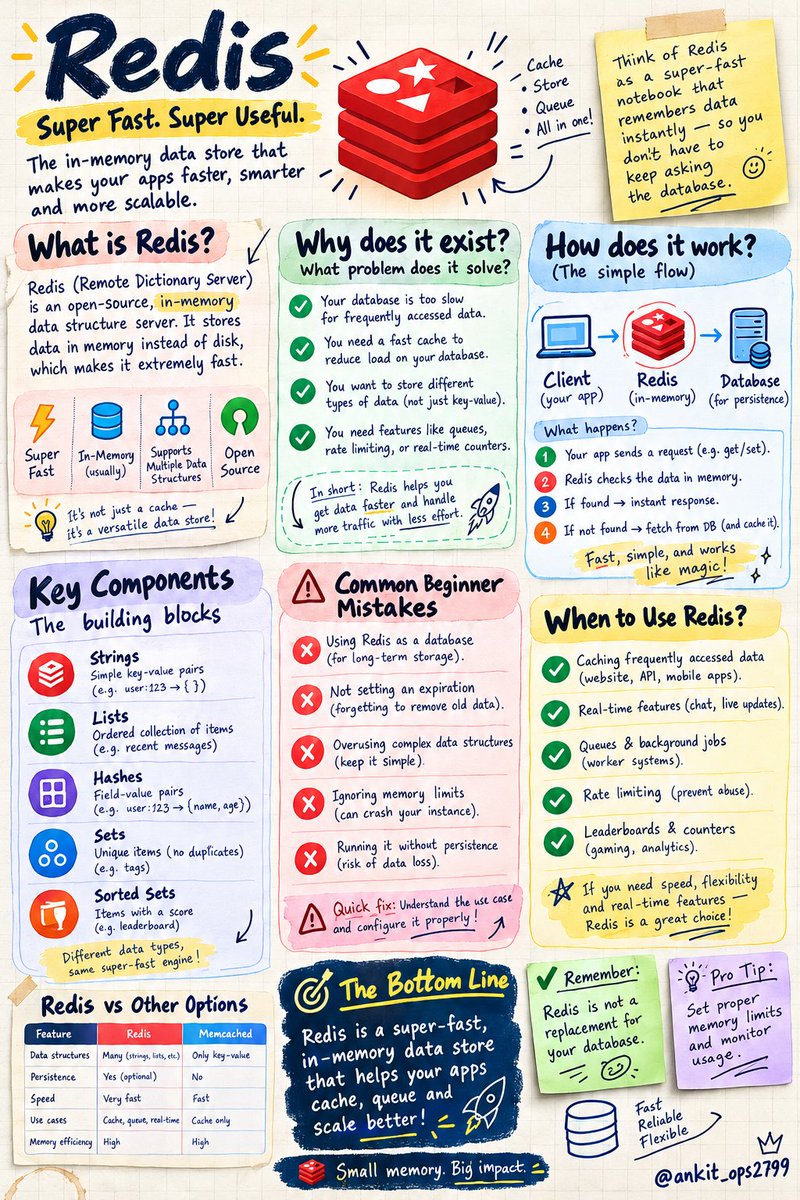 ankit_ops2799's tweet photo. Redis is not a database. It's amnesia with a purpose. Your database remembers everything forever. Redis remembers only the hot stuff and forgets it fast.

Your app asks for user data 10,000 times a second. Hitting the database 10,000 times melts the server. So Redis sits in between and says I remember that, use this cached copy. Instant.

Strings, lists, hashes, sets, sorted sets. It's not just a key-value store. It's a versatile memory engine that handles caching, queues, rate limiting, leaderboards, and real-time counters all at once.

But here's what kills people: they treat it like a database. Store data in Redis and assume it's safe. It's not. Redis is volatile. Power dies and everything vanishes unless you have persistence enabled.

Use Redis to speed up your database. Don't use it to replace your database.

Set expiration on every key. Monitor memory limits. Enable persistence if you care about data. Run without any of these and you're playing with fire.

Redis makes apps faster. It's not immortal. Treat it right and it scales. Treat it wrong and it crashes at 3 AM.