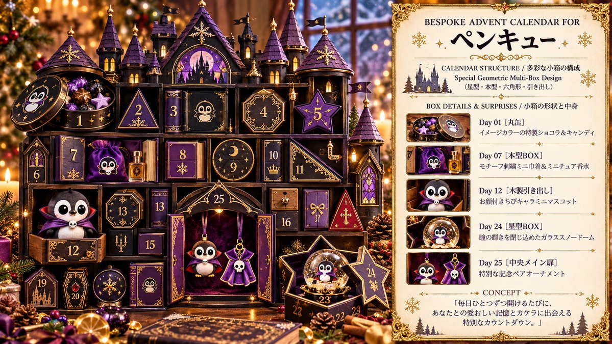 Aiai_AIKenkyu's tweet photo. 【お遊びプロンプト配布】
一足早いクリスマスのうちのコアドベントカレンダー風プロンプトを作りました！
ぜひ遊んでみてください！

 #アドベントカレンダー  #ペンキュー #ウルル #フォス
https://t.co/Akm9m6kulx https://t.co/k63YeCUb5y
