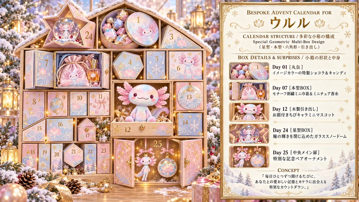 Aiai_AIKenkyu's tweet photo. 【お遊びプロンプト配布】
一足早いクリスマスのうちのコアドベントカレンダー風プロンプトを作りました！
ぜひ遊んでみてください！

 #アドベントカレンダー  #ペンキュー #ウルル #フォス
https://t.co/Akm9m6kulx https://t.co/k63YeCUb5y
