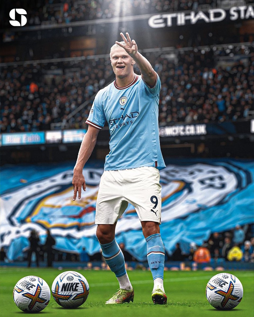 Squawka's tweet photo. ON THIS DAY: In 2022, Erling Haaland became the first player in Premier League history to score a hat-trick in three consecutive home games:

🎩 vs. Crystal Palace
🎩 vs. Nottingham Forest
🎩 vs. Manchester United

He also became the first player to score 12+ goals in their opening 10 Premier League appearances. 

Insane. 🤯