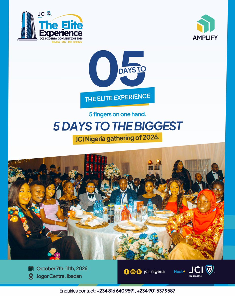jci_nigeria's tweet photo. 𝟱 𝗙𝗜𝗡𝗚𝗘𝗥𝗦. 𝟱 𝗗𝗔𝗬𝗦. 𝟭 𝗘𝗟𝗜𝗧𝗘 𝗘𝗫𝗣𝗘𝗥𝗜𝗘𝗡𝗖𝗘. 🖐🏽

We’re officially down to 5 days.

The countdown is no longer “coming soon.” It’s right here. 

THE ELITE EXPERIENCE.
We’re almost in the room. 🩵

#TheEliteExperience
#AMPLIFY
#JCINigeria
#JCI https://t.co/sg8tEg8Lz8