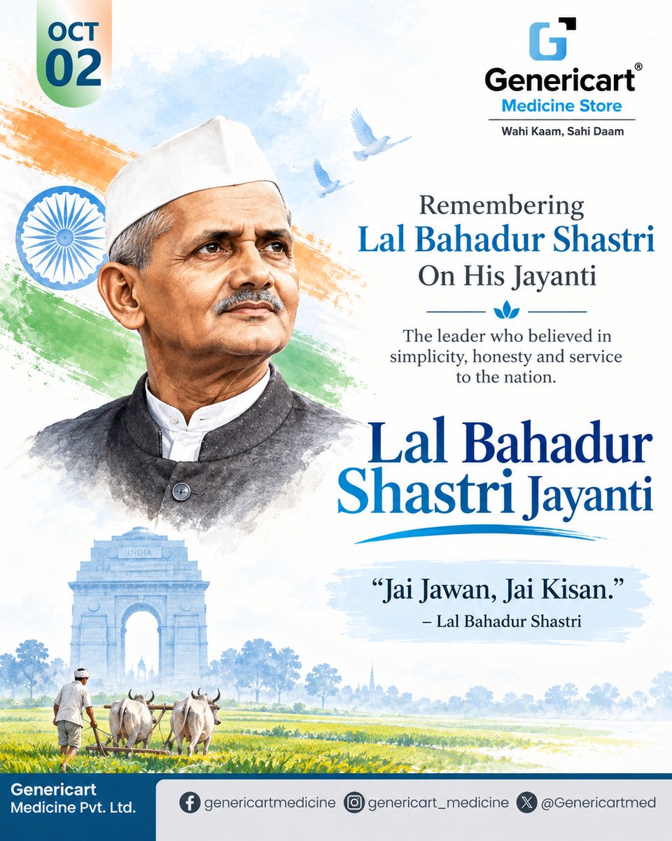 Genericartmed's tweet photo. Gandhi Jayanti &amp; Lal Bahadur Shastri Jayanti 🇮🇳

Remembering Mahatma Gandhi and Lal Bahadur Shastri—two great leaders who inspired India with truth, simplicity, courage and selfless service. Their values continue to guide us towards a better India. 🙏🇮🇳 https://t.co/y6mjA8g6vp