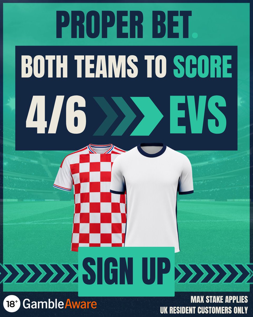 ProperBetUK's tweet photo. Croatia vs England PROPER BOOST 🤩

Both teams to score a goal
Was 4/6 → NOW EVS

18+ GambleAware | T&amp;Cs apply | New &amp; existing customers | UK only | Max stake applies | Enhanced offer