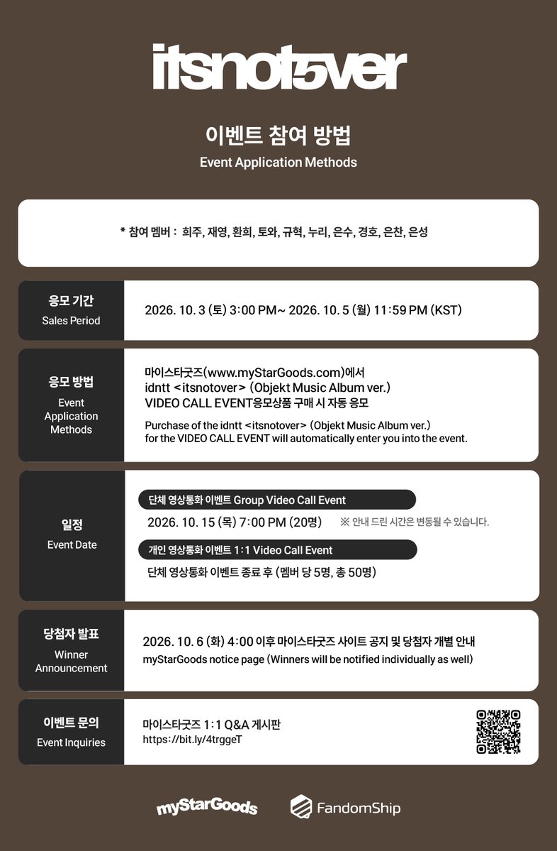 mystargoods_'s tweet photo. 📢 #아이덴티티 #idntt
idntt <itsnotover>
VIDEO CALL EVENT
 
🗓️ 이벤트 : 10.15 (목) 19:00 (KST)
🗓️ 응모기간 : ~ 10.5 (월) 23:59 (KST)
 
KR https://t.co/Mmgl9T3QfB
US https://t.co/NJrNXhPsk3
CN https://t.co/bO6YBHIPD1
JP https://t.co/UqTMZK51EX

🎁 미공개 폴라로이드형 포토카드
- 단체 : 네잎클로버 ver
- 개인 : 하트 빨대 ver
🎁 당첨자 특전
- 단체 : 사인 폴라로이드(추첨 10명)
- 개인 : 당첨 멤버 사인 폴라로이드(추첨 10명)
 
#idntt #아이덴티티
#unevermet #yesweare #itsnotover
@mystargoods_ @idntt_cosmo