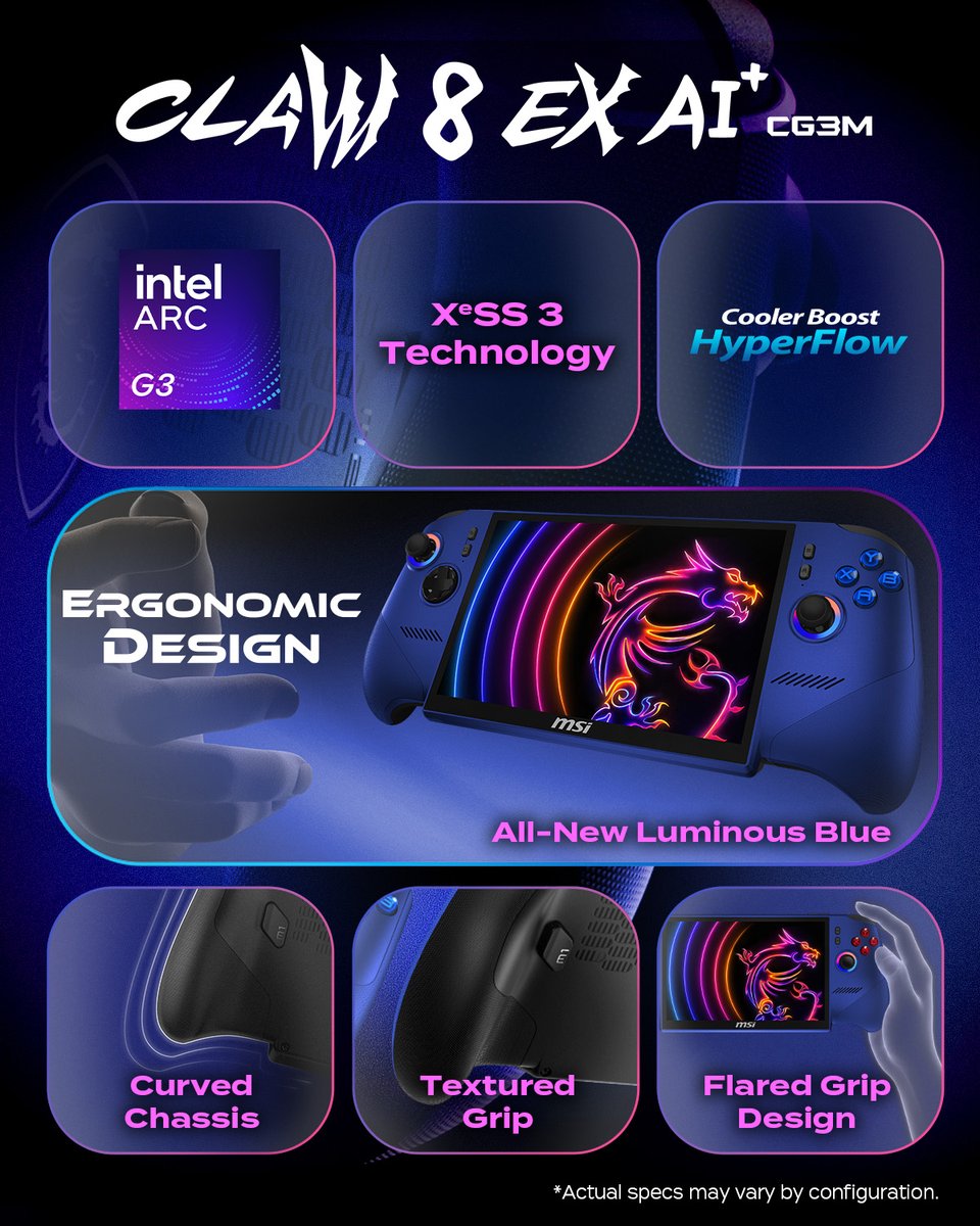 msigaming's tweet photo. Meet the Claw 8 EX AI+ CG3M: powered by the Intel® Arc™ G3 processor and finished in the all-new Luminous Blue. Built with the same ergonomic design, it delivers smooth gameplay and a seamless software experience wherever you go.

https://t.co/PNjKS3NCl7

#MSIClaw #HandheldPC https://t.co/t5SrswNyDR
