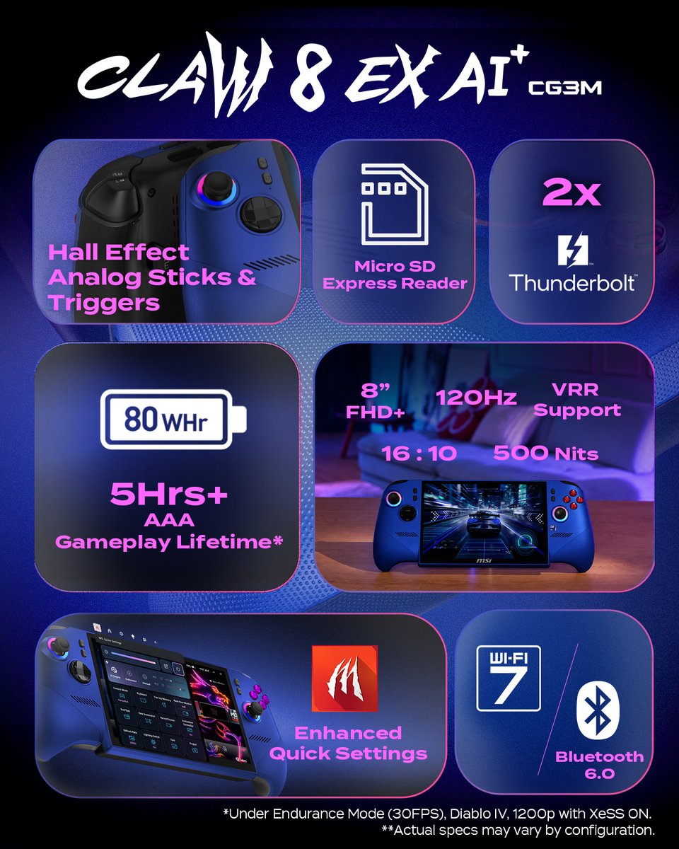 msigaming's tweet photo. Meet the Claw 8 EX AI+ CG3M: powered by the Intel® Arc™ G3 processor and finished in the all-new Luminous Blue. Built with the same ergonomic design, it delivers smooth gameplay and a seamless software experience wherever you go.

https://t.co/PNjKS3NCl7

#MSIClaw #HandheldPC https://t.co/t5SrswNyDR
