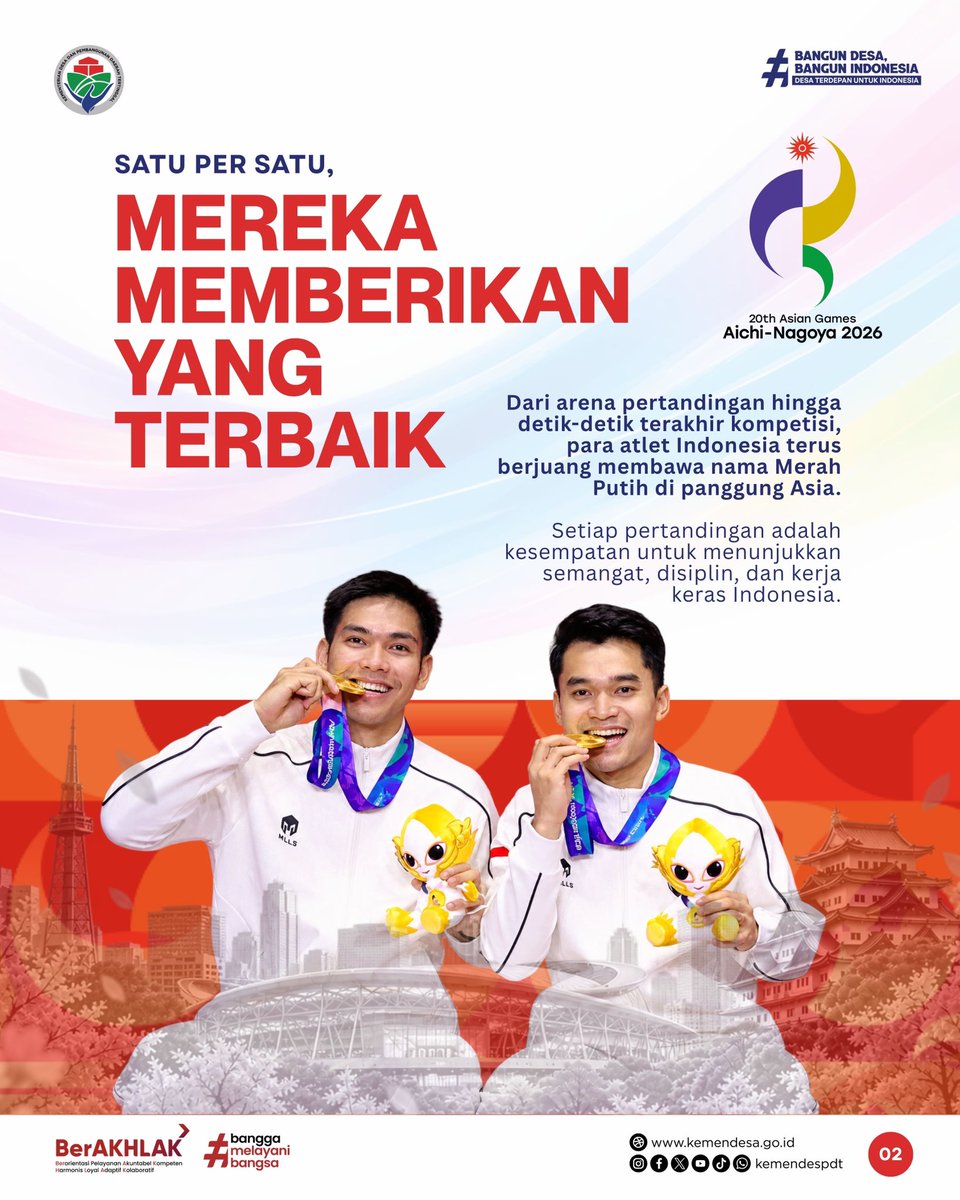 kemendespdt's tweet photo. Perjuangan para atlet Indonesia masih berlanjut di 20th Asian Games Aichi-Nagoya 2026. Dari arena pertandingan hingga detik-detik terakhir kompetisi, para pejuang Merah Putih terus memberikan yang terbaik untuk Indonesia. https://t.co/yxouQwzEP4