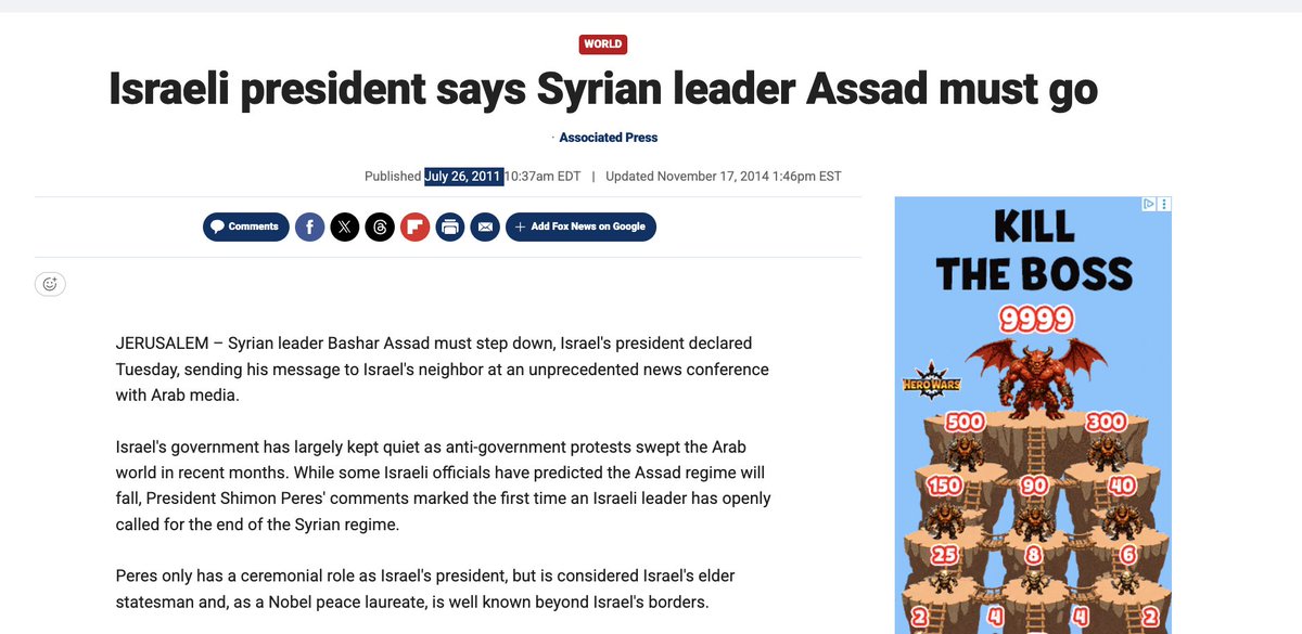 Partisangirl's tweet photo. @xumas_iq Why did Israel's president call for Assad to fall in  July 26, 2011 .

Answer the question Xumas. I warn you NOT to ignore it. https://t.co/1hEEgqpf4C