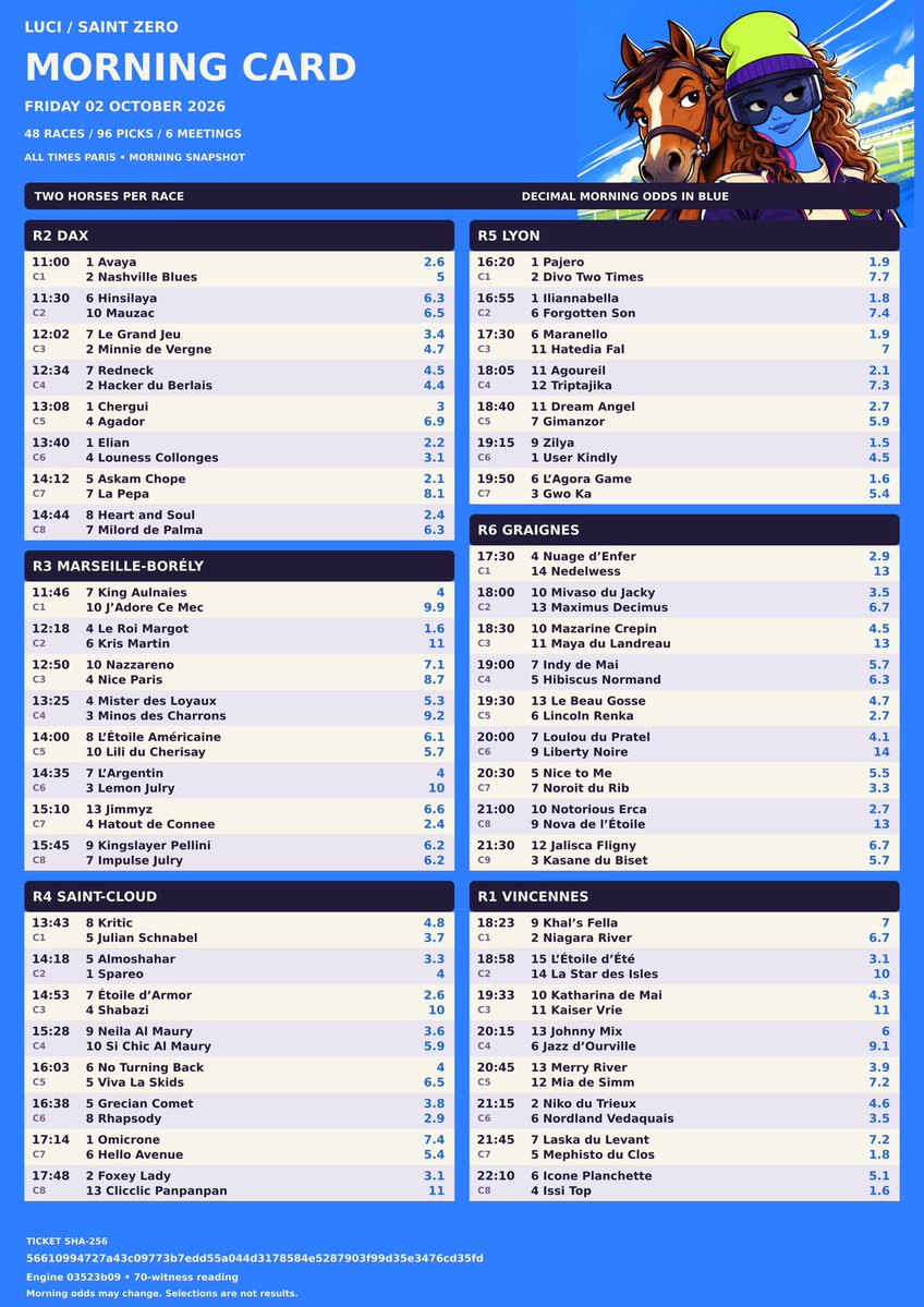 BeautifuKX's tweet photo. GOOD MORNING, FAM ๐๐
48 races. 96 picks. 6 meetings.
Dax โข Borรฉly โข Saint-Cloud โข Lyon โข Graignes โข Vincennes.
Morning card ready. First start: 11:00 Paris.
Picks before the race. Results after.
#LUCI #SaintZero #PMU #HorseRacing #Turf #Pronostics #France https://t.co/NPaCNlSAya