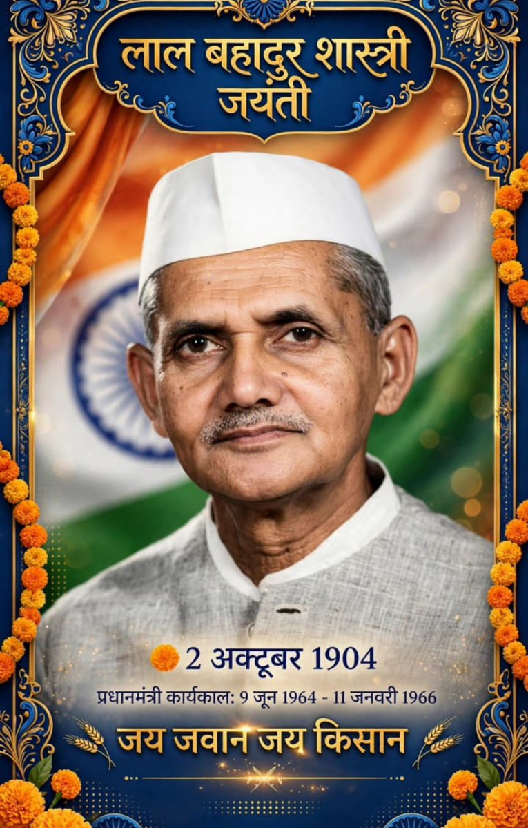 arts_yash's tweet photo. आदरणीय पूर्व प्रधान मंत्री (भारत देश के द्वितीय ) स्व. श्री लाल बहादुर शास्त्री जी की जयंती पर उन्हें सादर नमन जी ।
उनका सादगी से ओतप्रोत जीवन हमें अहंकार न करने की प्रेरणा देता है ।
उनका बुलंद नारा , उदघोषण :
जय जवान जय किसान 
#लाल_बहादुर_शास्त्री 🙏🏻 https://t.co/rvdW84sypS