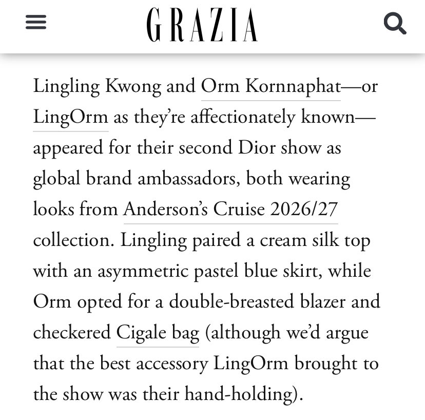 yawnsedits's tweet photo. "although we’d argue that the best accessory LingOrm brought to the show was their hand-holding"

GRAZIA gets it 🤭

🔗: https://t.co/BB3INhLMhx https://t.co/uPRJtZaTQb