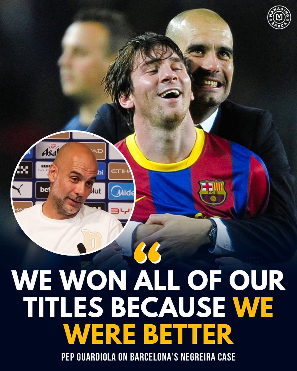 ManagingBarca's tweet photo. 🚨🗣️ Pep Guardiola on FC Barcelona’s Negreira case: “When a verdict is handed down, I’ll give you my opinion. Until then, Laporta and all the presidents are innocent. Barça is innocent, and Laporta is innocent until proven otherwise.” 💙❤️

Q: When you were at the club, did you see any reports regarding refereeing?

🗣️ Pep Guardiola: “You were very young, and you didn’t get to see how well this team played football, my friend. It was a scandal how good we were. We won many titles, and we were better than our opponents. But you were too young… I’ll send you some videos…” 🥶🔥