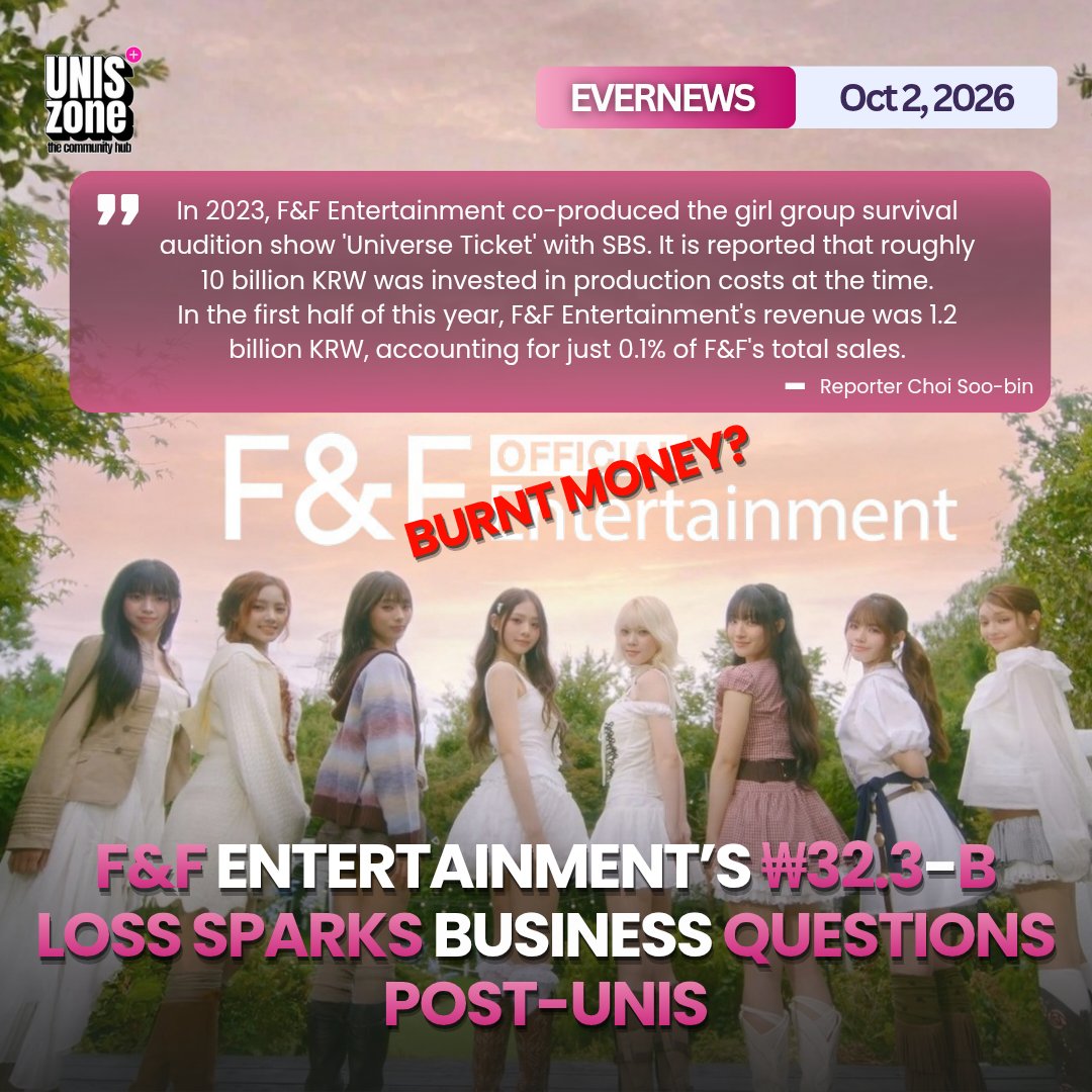 uniszone's tweet photo. RIGHT AFTER DISBANDMENT? 🤔 

Posted today on CEO Score Daily citing official corporate filings, F&F Entertainment accumulated a total operating loss of approximately ₩32.3 billion (~$24M USD) between 2023 and the first half of 2026—a multi-year period covering the agency’s initial setup and the entire contract era of project group UNIS. The report highlights an estimated ₩10 billion initial production investment for SBS's survival show Universe Ticket, which launched the group. For H1 2026, the company posted ₩1.2 billion in revenue (representing 0.1% of parent firm F&F's total sales) alongside an operating loss of ₩2.1 billion. Following the official conclusion of UNIS's contract on September 26, F&F Entertainment is shifting its sole idol operations towards the remaining group.

Despite the financial backdrop, UNIS, F&F Entertainment’s flagship girl group formed through Universe Ticket, built steady momentum throughout their 2.5-year journey, captivating global fans through their debut mini-album WE UNIS, follow-up releases SWICY and UNI☆Sparkle!, single album CURIOUS, and their latest remake hit, “하늘땅 별땅 (Sky Land Star Land).” which drew attention from both fans and general listeners for its nostalgic sound and refreshing appeal. The 8-member group earned multiple rookie accolades, expanded its international fanbase, and performed across Asia and the United States.

​🔗 Article Link: https://t.co/8Vv44FpXrJ

​#UNIS #유니스