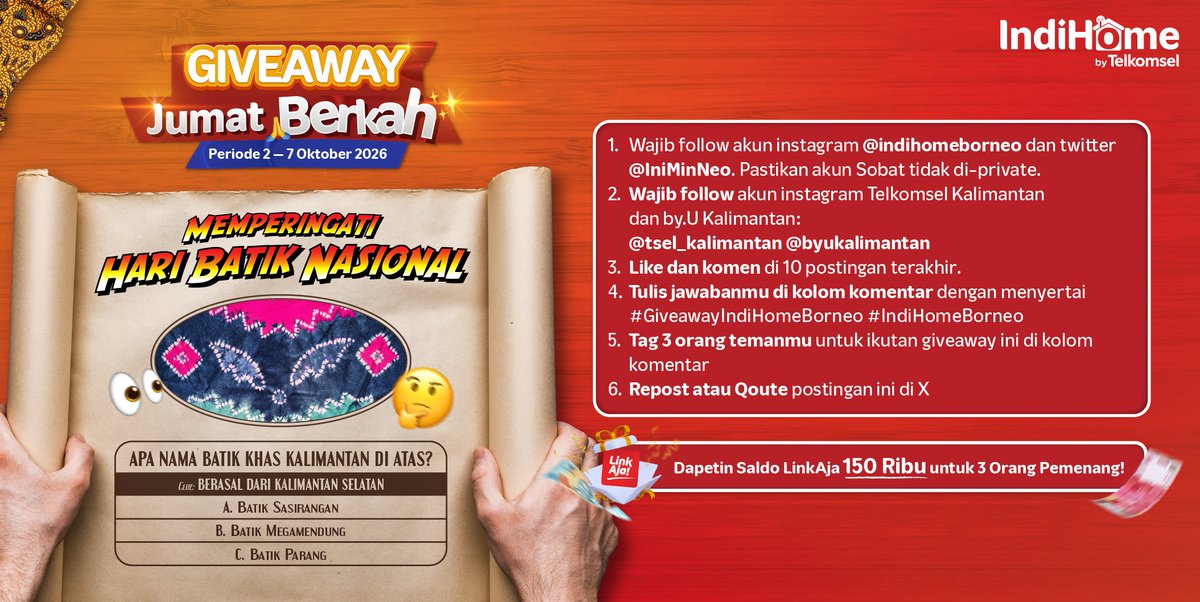 IniMinNeo's tweet photo. Selamat Hari Batik Nasional! 🇮🇩✨

Ada saldo LinkAja total 150rb untuk 3 orang pemenang yang beruntung yang bisa tebak batik apakah ini 🤔👀

Cek persyaratannya, yuk!👇🏻 https://t.co/zqDpLnj9Kz