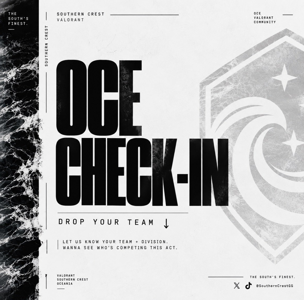 SouthernCrestGG's tweet photo. OCE VALORANT check-in 👀

Drop your team + Premier division below.
Let’s see who’s competing this Act 🌊

#VALORANT #OCEValorant #SouthernCrest https://t.co/bTW3CPVsoo