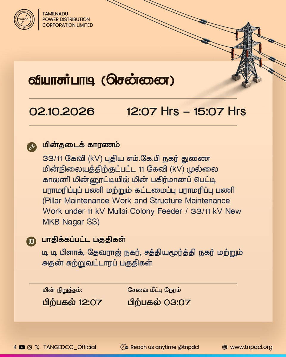 TANGEDCO_Offcl's tweet photo. வியாசர்பாடி பகுதியில்  33/11 கேவி (kV) புதிய எம்.கே.பி நகர் துண மின்நிலையத்திற்குட்பட்ட முல்லை காலனி மின்னூட்டியில் பராமரிப்புப் பணிகள் காரணமாகப்  மின் விநியோகம் தற்காலிகமாக நிறுத்தப்படுகிறது. https://t.co/Cb4qMsrJUP