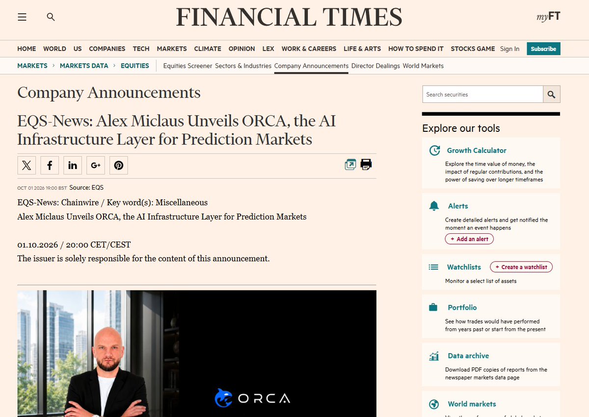 OrcaOfficialAI's tweet photo. Industries don’t mature because more apps appear.⁣
⁣
They mature when the infrastructure underneath becomes strong enough for everything else to scale.⁣
⁣
That is the thesis behind 𝐎𝐑𝐂𝐀: connect fragmented prediction markets with AI agents, live intelligence, and transparent onchain execution.⁣
⁣
The idea is now being carried by the 𝐅𝐢𝐧𝐚𝐧𝐜𝐢𝐚𝐥 𝐓𝐢𝐦𝐞𝐬 — 𝐖𝐚𝐫𝐫𝐞𝐧 𝐁𝐮𝐟𝐟𝐞𝐭𝐭’𝐬 𝐟𝐚𝐯𝐨𝐫𝐢𝐭𝐞 𝐧𝐞𝐰𝐬 𝐨𝐮𝐭𝐥𝐞𝐭 — putting 𝐂𝐄𝐎 𝐀𝐥𝐞𝐱's infrastructure-first approach into a much wider financial conversation.⁣
​⁣
ORCA is not simply building another Web3 product. It is building infrastructure that helps the next generation of markets operate better.⁣⁣
⁣
🐳 𝐎𝐑𝐂𝐀⁣
𝐃𝐨𝐧’𝐭 𝐛𝐮𝐢𝐥𝐝 𝐚𝐧𝐨𝐭𝐡𝐞𝐫 𝐝𝐞𝐬𝐭𝐢𝐧𝐚𝐭𝐢𝐨𝐧. 𝐁𝐮𝐢𝐥𝐝 𝐭𝐡𝐞 𝐥𝐚𝐲𝐞𝐫 𝐭𝐡𝐚𝐭 𝐜𝐨𝐧𝐧𝐞𝐜𝐭𝐬 𝐭𝐡𝐞𝐦.
