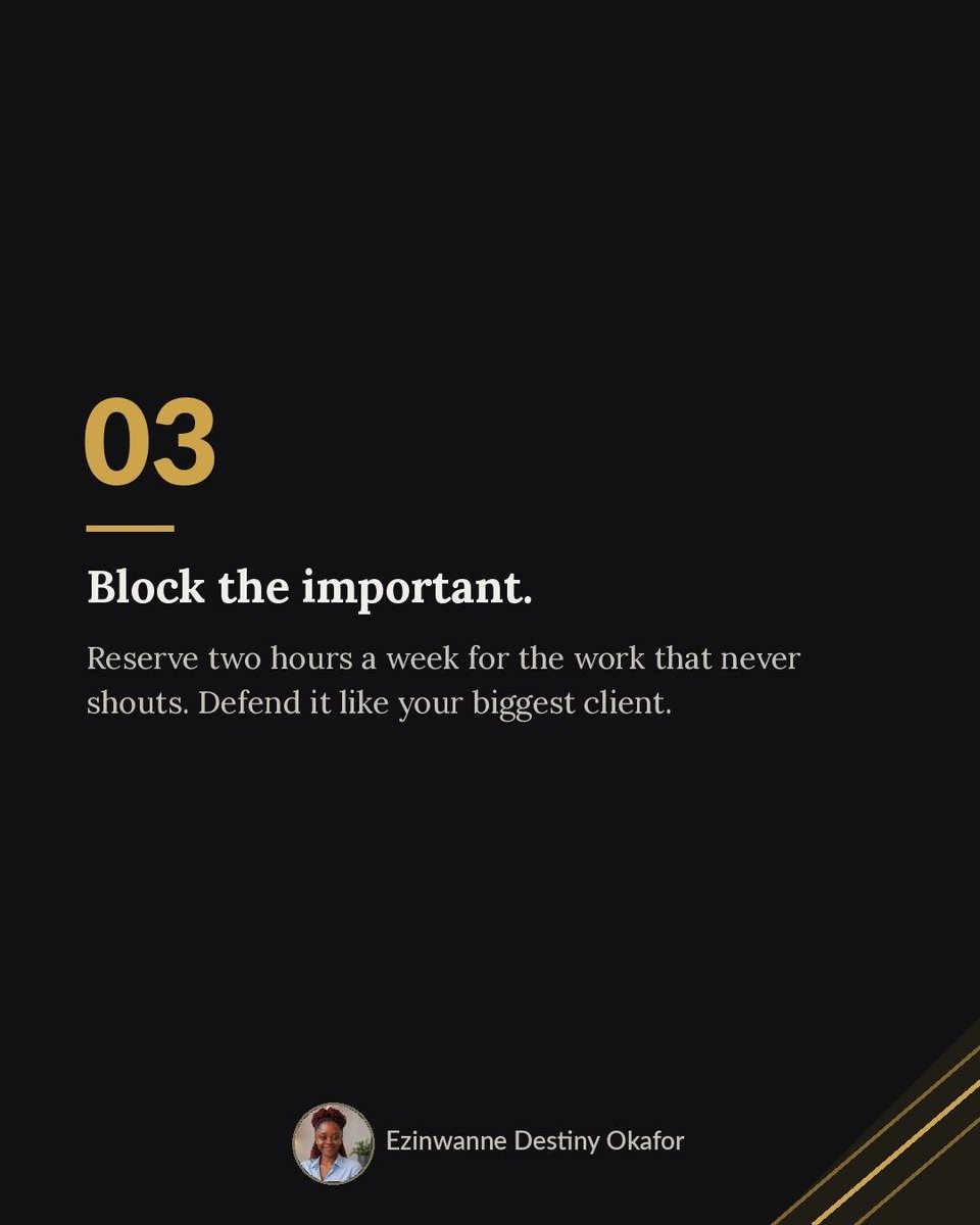 Cassy_Blakes's tweet photo. Block two hours a week for the important work that never shouts, and defend it like your biggest client.

#operationsmanagement 
#operationsandstrategy 
#strategymanagement https://t.co/odqSh9TU62