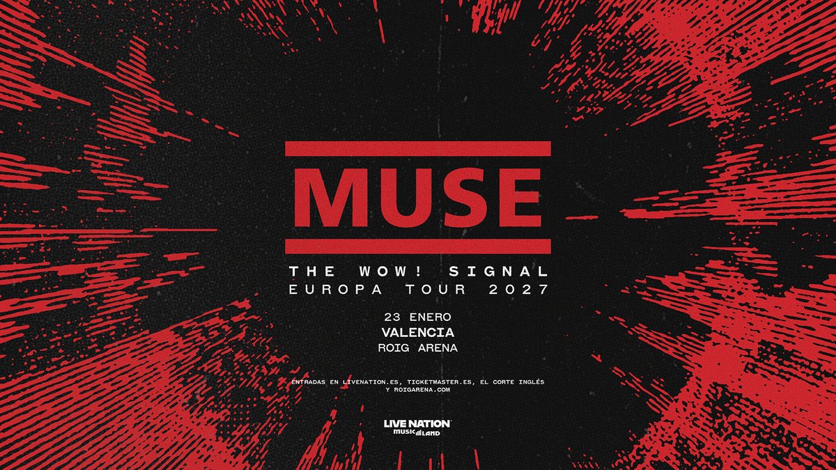 RoigArena's tweet photo. @museband ACTÚA POR PRIMERA VEZ EN VALENCIA 💥 Una cita histórica que viviremos el próximo 23 de enero en #RoigArena

Muse ha incluido a Roig Arena entre las nuevas fechas para 2027 de su gira 'Muse – The Wow! Signal Europa Tour'. 🪐 

🗓️ 23 de enero de 2027
📍 Roig Arena
🎟️ Entradas a la venta el jueves 8/10 a las 9 h.

❤️‍🔥 ¿Preparados para vivir este concierto histórico en Valencia? 

#Muse #Concierto #Valencia