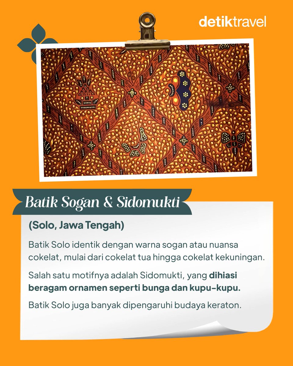 detikTravel's tweet photo. Beda Motif, Beda Cerita 🇮🇩

Dari motif awan Mega Mendung, warna sogan khas Solo, sampai Perahu Pinisi dari Sulawesi Selatan...

#detiktravel #HariBatikNasional #Ragam #Indonesia https://t.co/e6xdwGfw6L