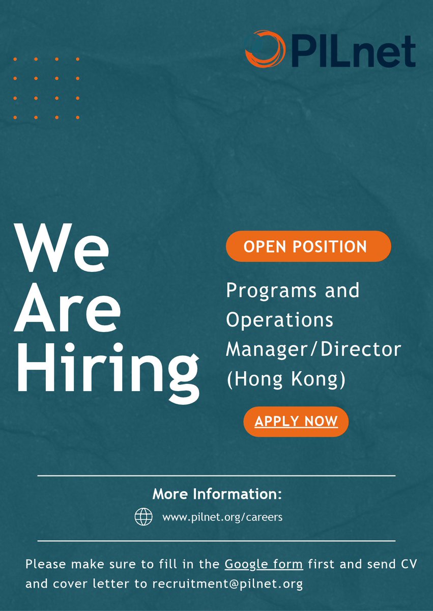 PILnet's tweet photo. We are seeking a new team member to join as Programs &amp; Operations Manager/Director to support our work in Hong Kong &amp; contribute to the development &amp; implementation of our programs &amp; operations. 
Visit our website to find out more &amp; apply before October 9: https://t.co/EqOs6rtLcH https://t.co/8ByZzQimHs