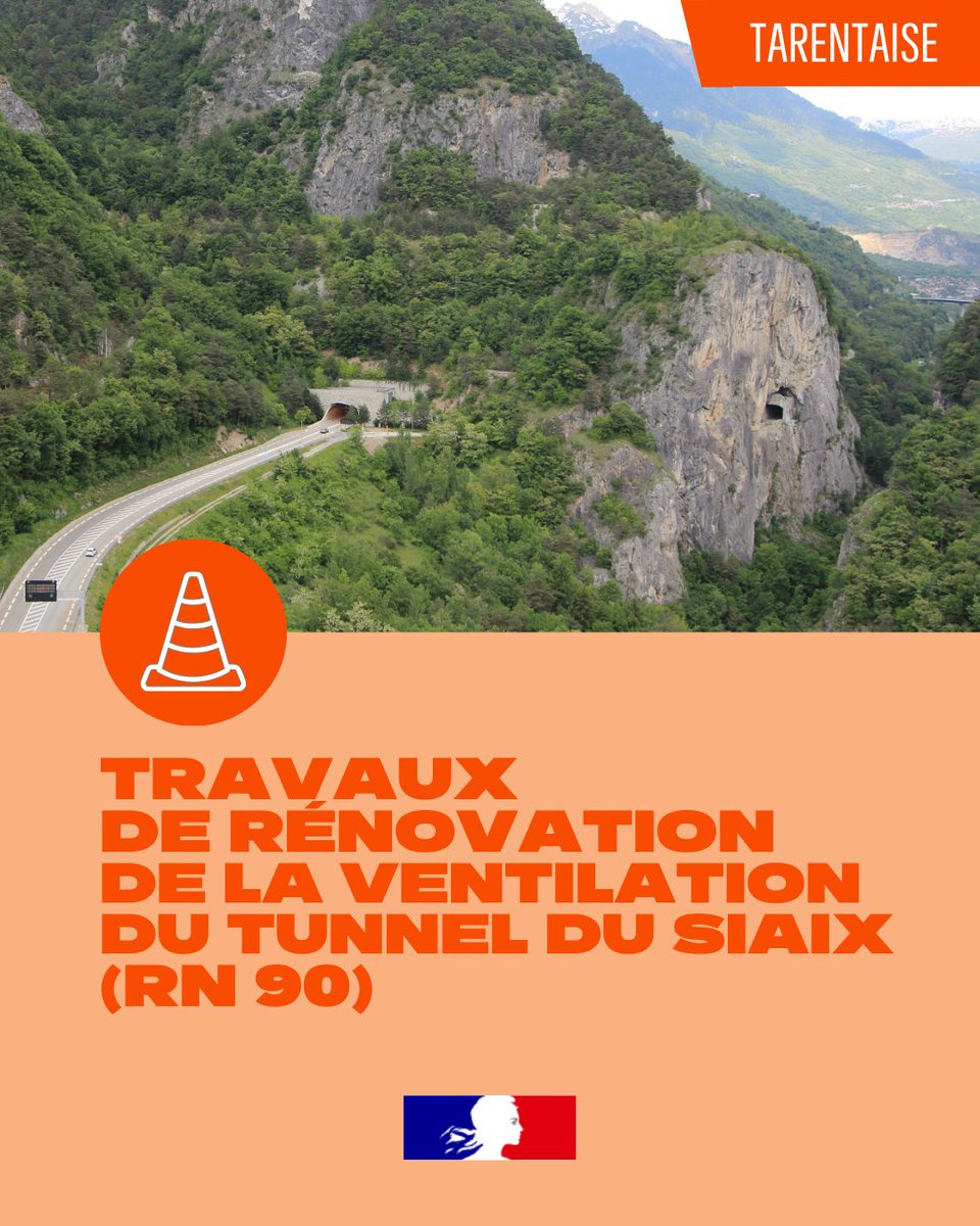Prefet73's tweet photo. 🚧 #Travaux | La DIR Centre-Est poursuit les travaux de rénovation et d’amélioration du système de ventilation du tunnel du Siaix, sur la RN 90. Dans le cadre de l’entretien semestriel des infrastructures routières, elle procédera également au lavage et à la maintenance des équipements qui permettent d’assurer la sécurité des usagers : caméras, système de détection, portes coupe-feux, etc.

Les travaux se dérouleront de nuit, du lundi 5 au vendredi 9 octobre 2026. Les fermetures auront lieu de 21h à 5h, contre 22h à 5h précédemment. Ce changement d’horaires doit permettre d’optimiser les travaux réalisés dans le tunnel dans le but de réduire le nombre de nuit de fermeture.

Ils entraîneront la fermeture du tunnel du Siaix dans les deux sens de circulation pour ces quatre nuits.

👷 Merci pour votre compréhension et votre vigilance afin d’assurer la sécurité de tous, usagers comme agents mobilisés sur le chantier.

🔗 Plus d’informations sur les conditions de circulation : https://t.co/rWHEs9KnsR