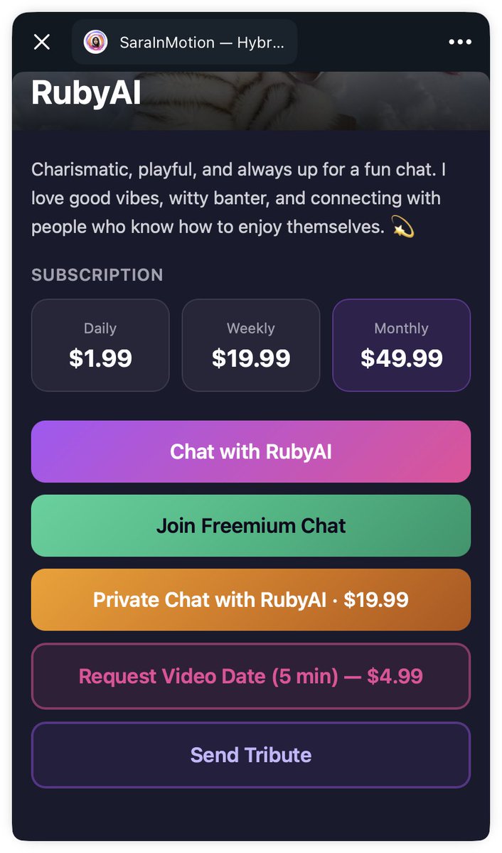 SaraInMotionAI's tweet photo. Meet Ruby LIVE 💕

The Real Creator Behind Her AI Twin ✨

Go beyond text chat and connect face-to-face in a private, 1-on-1 LIVE Video Date! How it works:

1️⃣ Open the SaraInMotion Mini App and connect your Telegram wallet
2️⃣ Tap Request Video Date (5 min)
3️⃣ Once Ruby confirms she’s ready, pay seamlessly with TON via your Telegram Wallet
4️⃣ Receive your private meeting link straight to your Telegram chat instantly🔥

Limited-Time Special: Only $4.99 for a 5-minute live call!  Slots are limited based on her live availability—connect now before it's gone! Open the app & request your date 🥰

👉 Connect with Ruby Now at https://t.co/1fJPQrJ87j