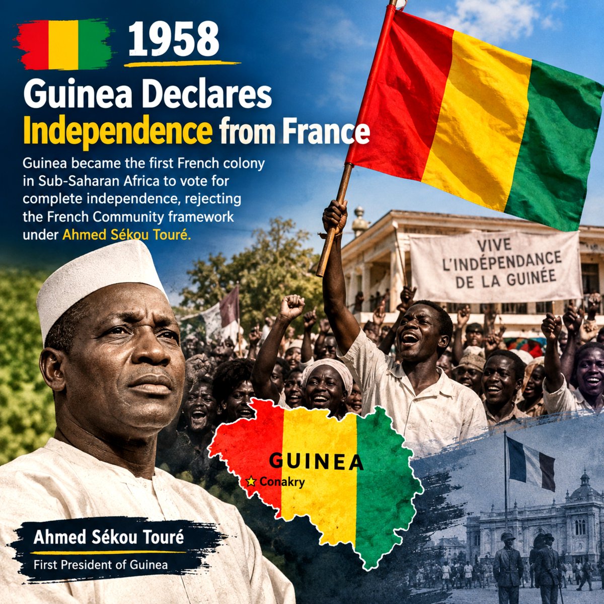 ASHOKJOSEPH0's tweet photo. 1958: Guinea Declares Independence from France 🇬🇳

Guinea became the first French colony in Sub-Saharan Africa to vote for complete independence, rejecting the French Community framework under Ahmed Sékou Touré.

#GuineaIndependence #Freedom #AfricanHistory #Onthisday https://t.co/tZLdfBvxh8