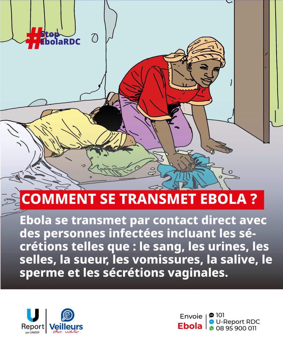 VLukangila's tweet photo. Comment se transmet la maladie à virus Ebola ? 

Ebola se transmet par contact direct avec les liquides corporels d’une personne infectée : sang, vomissures, selles, sueur, salive, etc.

Protège-toi et protège les tiens 
#StopEbolaRDC
#Veilleursduweb5 https://t.co/yydLdXOZZs