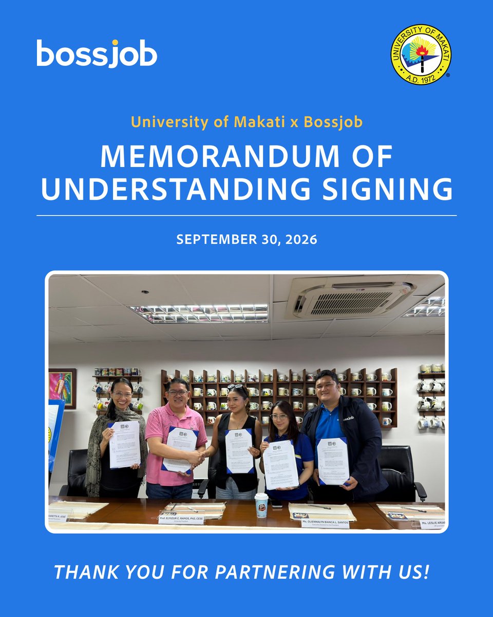 bossjobofficial's tweet photo. A milestone built on trust, partnership and shared purpose.
On September 30, 2026, Bossjob proudly signed a Memorandum of Understanding (MOU) with the University of Makati.
A partnership built to make an impact.
#UniversityofMakati #careeropportunities #Bossjob https://t.co/q8cx2V40yy