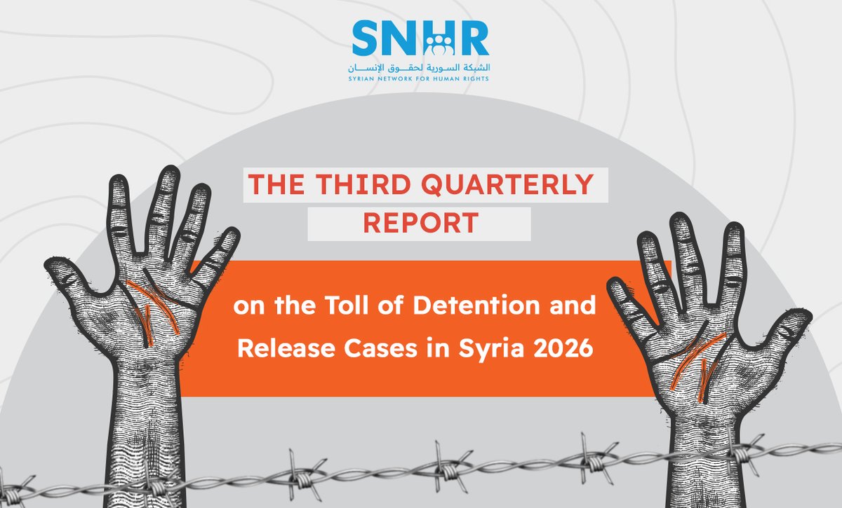 snhr's tweet photo. The Syrian Network for Human Rights (SNHR) released its third quarterly report today, October 2, 2026, which reviews the toll of detention and release cases that SNHR was able to document in Syria during the third quarter of 2026.
SNHR documented at least 13 cases of detention, including one child, that arbitrarily targeted civilians during the third quarter of 2026. The cases documented in the period covered by the report were distributed across the three months as follows: five cases in July, seven cases in August, and one case in September. August recorded the highest toll.

SNHR called on all parties controlling Syrian territory to immediately cease all forms of arbitrary detention and enforced disappearance, to disclose the whereabouts of all detainees, to enable them to communicate with their families and lawyers, to release all persons detained for the peaceful exercise of their fundamental rights.
View the full report: https://t.co/dX12MbU2ex

#SNHR #Syria