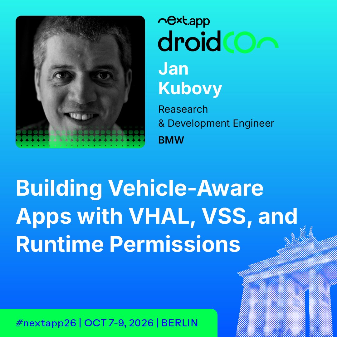 droidcon's tweet photo. Android apps can read vehicle data. Here's how to build them. 🚘

Jan Kubovy covers VHAL, VSS, and automotive permissions at droidCon Berlin.

Learn more: https://t.co/msNeKH5ngN

#nextapp26 #AndroidDev https://t.co/BK3Mmxyk0j