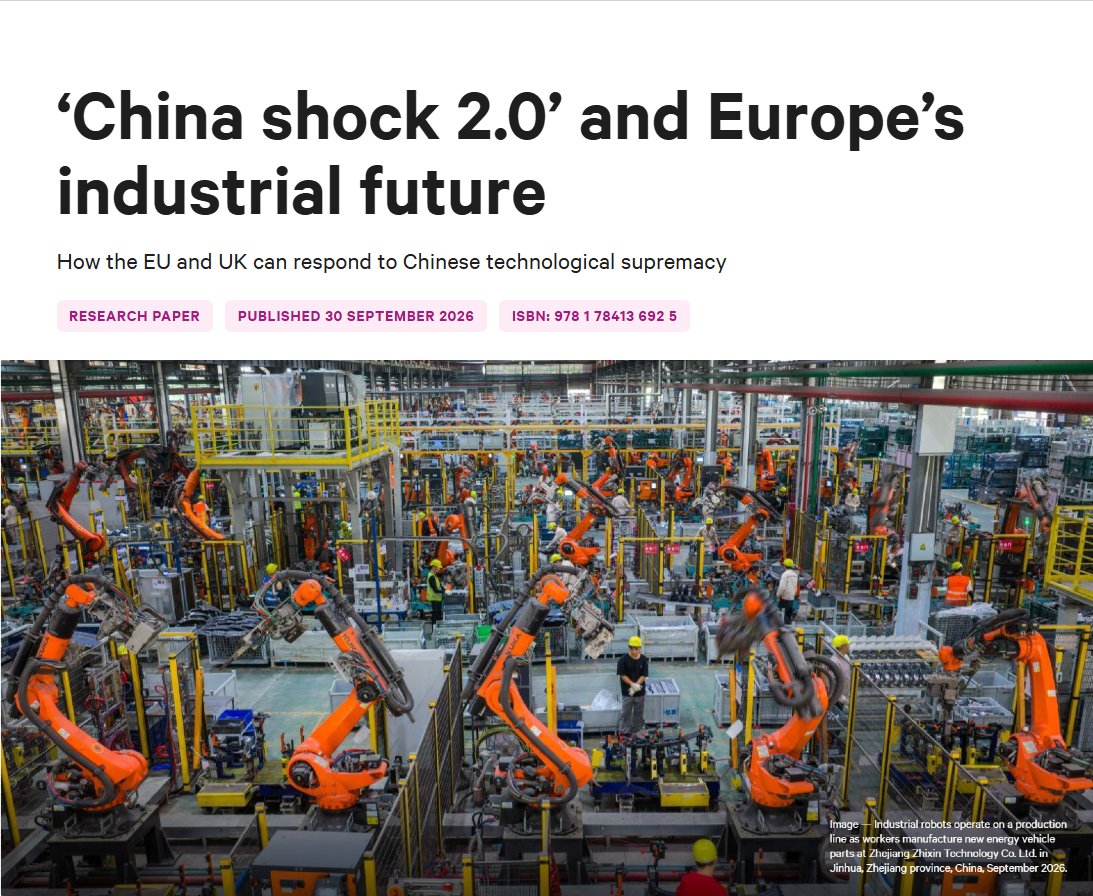 Normal_2610's tweet photo. Chatham House report shows China is on track to make 45% of all manufactured goods in world by 2030 

That was just 6% in 2000, US drops from 25% to 11%. First time China competed with West, it was cheap toys and clothes. Now Chinese companies are making EVs, batteries, robots and industrial machines that directly compete with European brands. Chinese goods flowing into Europe grew 16.4% in first 5 months of 2026. 

EU now loses €1 billion per day in trade deficit with China, totaling €360.6 billion in 2025

China put 295,000 new factory robots to work in 2024 that is more than every other country in world put together. China now has over 2 million robots running in its factories, 5 times more than US. 

Meanwhile, Europe installed 8% fewer robots that year. More than half of robots used in Chinese factories are now built inside China. Government subsidies for Chinese factories run at $800 billion per year. Xiaomi car factory in Beijing makes one electric vehicle every 76 seconds with zero human workers on main production line

China now spends more on research than US for first time. In 2024, China spent $1.03 trillion on R&D compared to $1.01 trillion by US per OECD data. China also leads research in 66 out of 74 frontier technology fields. 

Country produces 77,000 science and engineering PhDs every year versus 40,000 in US. Huawei alone owns more patents than Qualcomm, Nokia and Ericsson combined. Europe is falling behind fast. 

Only 4 out of world 50 biggest tech companies are European. Germany has lost 245,000 factory jobs since 2019

Think About it Robots and Automation is Not an Option now :) - Yu can read my Article Wrote few week Ago, even talked about few Companies who does Automation Work

https://t.co/b3QPVFnRJd