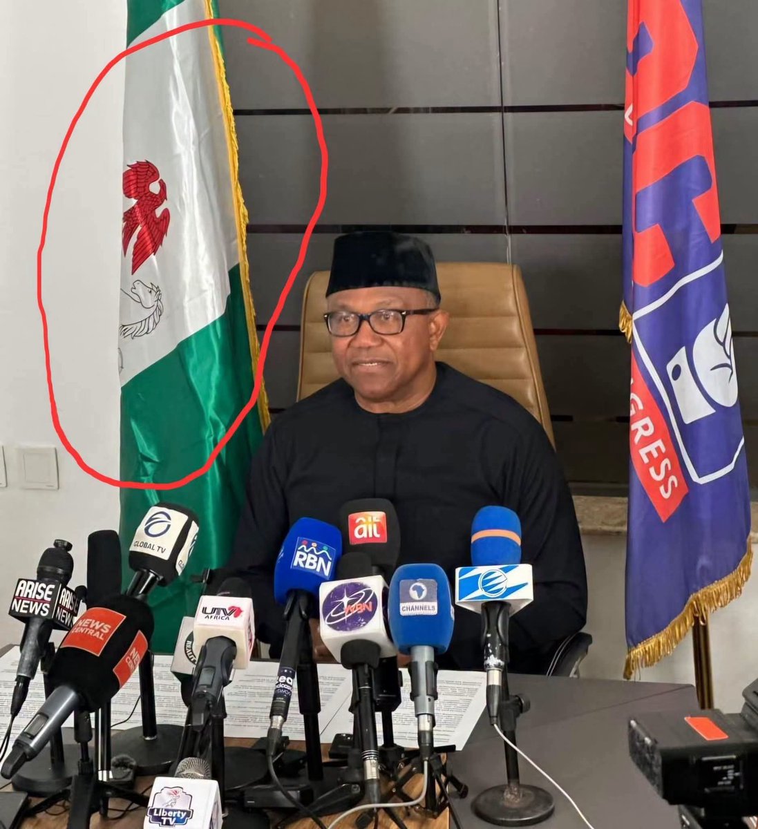 OlayinkaLere's tweet photo. Flags and Coats of Arms Act, Cap F30, Laws of the Federation of Nigeria 2004.

Section 3(2) provides that, except under a licence or other lawful authority, a person who flies or exhibits the National Flag in a public place WITH ANY ADDITION ON IT, OR WITH THE FLAG MODIFIED or defaced, commits an offence under the Act." 

LIEnus Peteru ObiLamba will still say he did not know