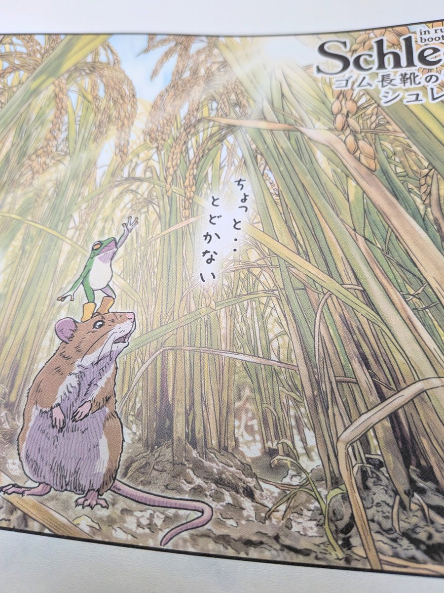 schlegel_in_rb's tweet photo. 明日のエピソードをチラ見せ🐸

今回はアポデムスが登場します！
そしてシュレーゲルが稲穂に手を伸ばしていますね・・・届くのか・・・⁉👀

結果は明日の岩手日報紙面をチェック🌾

#宮沢賢治 #ゴム長靴のシュレーゲル #カエル #盛岡 #岩手日報 https://t.co/TzAbi87MvF