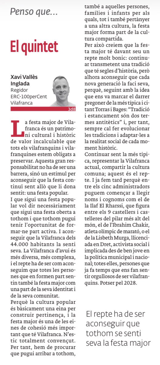 ERCVilafranca's tweet photo. 📝 Article del Xavi Vallès.

Una reflexió sobre els quintets de la Festa Major.

#Vilafranca https://t.co/M01edgFEgX