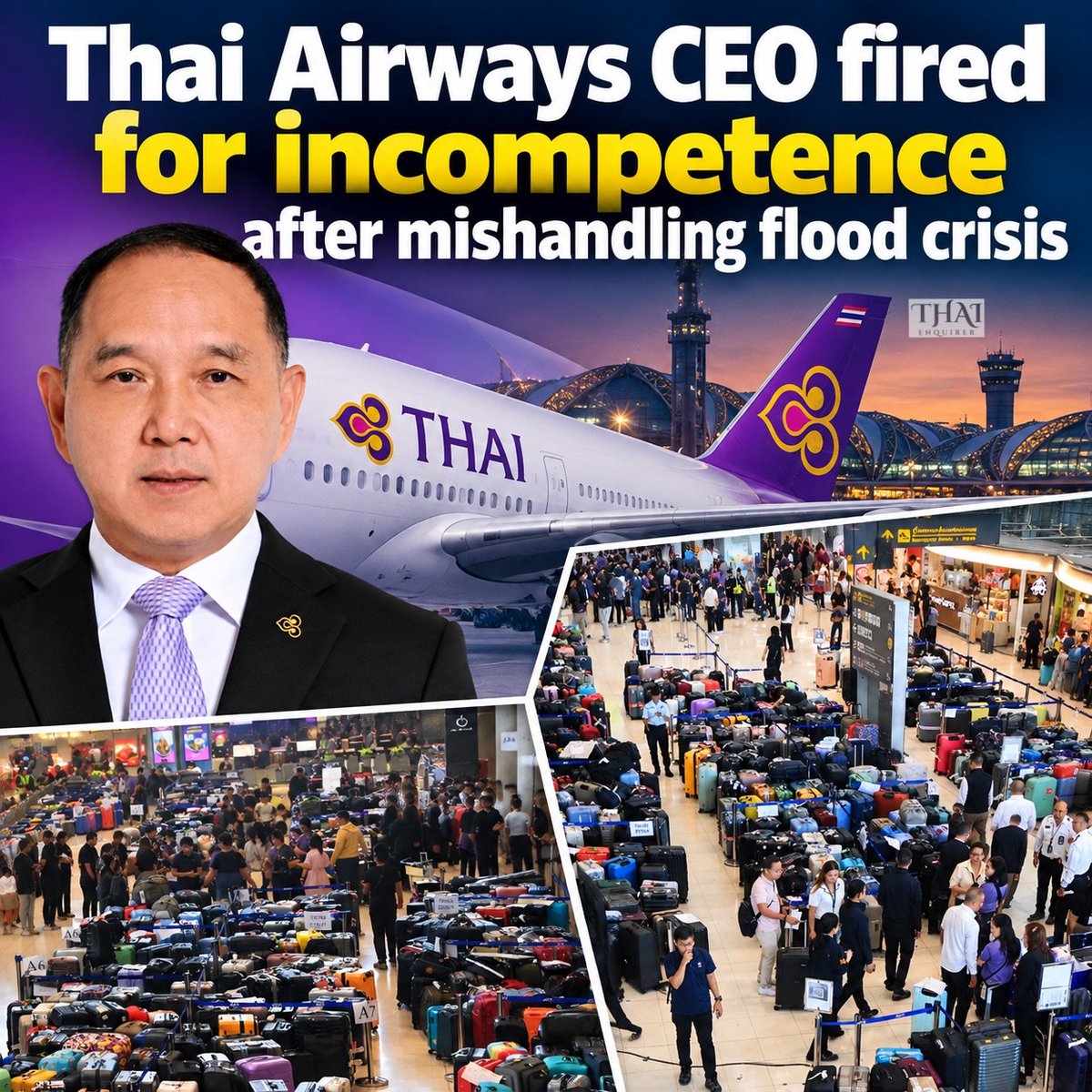 ThaiEnquirer's tweet photo. Thai Airways CEO removed amid flight, baggage crisis

Thai Airways’ board has removed CEO Chai Eamsiri following a major service crisis at Suvarnabhumi Airport.

Fewer than 3% of Bangkok departures were on time from Sept. 26–28, prompting the airline to cut daily flights from around 110 to 80 and cancel 37 more flights.

The airline initially reported 5,600 delayed bags, while the Transport Minister said the number exceeded 10,000.

The crisis was linked to flooding that disrupted the availability of ground staff.

#thailand #airline #ceo #fired #tg #การบินไทย