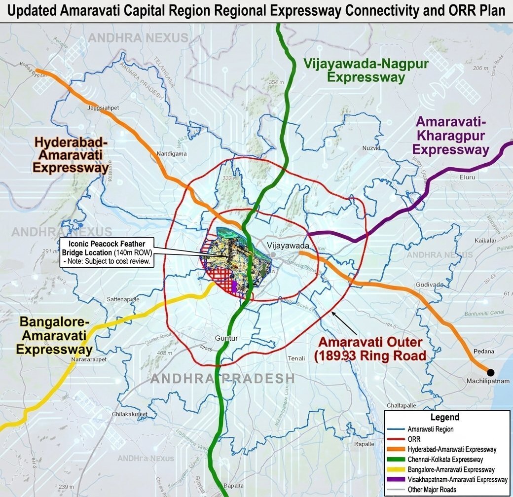 AndhraNexus's tweet photo. 🚨 AMARAVATI ORR UPDATE | Andhra Pradesh 🥳

NHAI has invited bids for the 189-km, 6-lane access-controlled greenfield Amaravati Outer Ring Road (ORR).
▪️ 4 construction packages
▪️ Total ORR length: ~189 km
▪️ Package 1–4 bids scheduled to open on 19 Nov 2026
▪️ Construction period: 1,095 days (3 years)
#AndhraPradesh