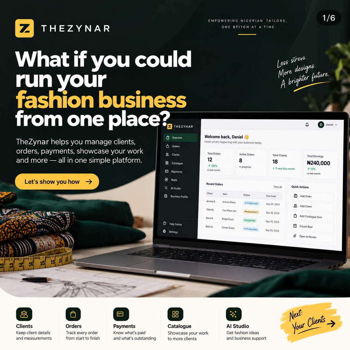 TheZynarTeam's tweet photo. Meet TheZynar. 

What if you could run your fashion business from one place? → Clients → Orders.

Visit https://t.co/hmfXT9FtBN

#TheZynar #NigerianFashion #NigerianTailors #FashionDesignerNigeria #FashionTech https://t.co/0UG8l3kB6l