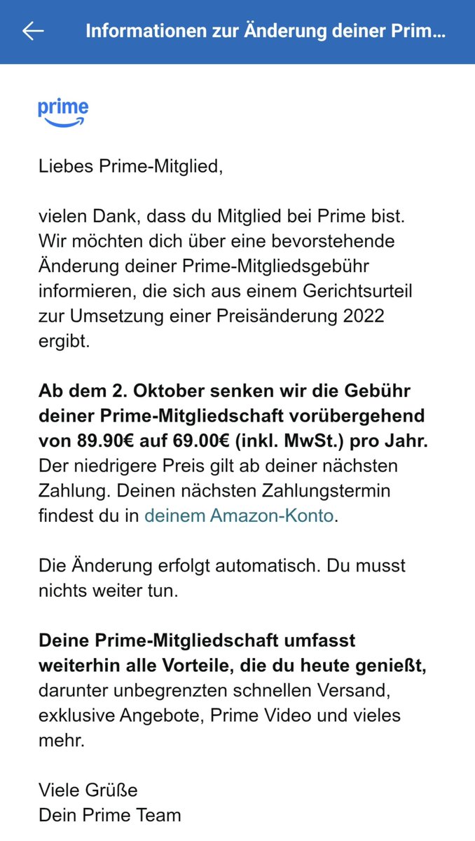 Werdermaddin's tweet photo. Amazon Prime senkt die Preise! Hat das noch jemand von euch bekommen? Da scheint die Justiz ja Mal Wirkung zu zeigen 😊 https://t.co/dXORTIcsCh