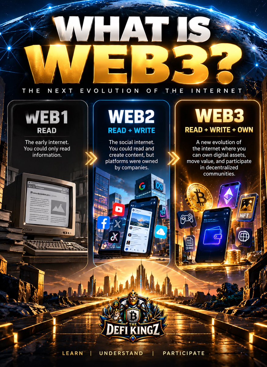 TheRealmOfDefi's tweet photo. WHAT IS WEB3? 🌐

You’ve probably heard the word Web3 everywhere.

Crypto. Blockchain. NFTs. DeFi.

But what does Web3 actually mean?

Let’s make it simple.

Think about the internet you use every day.

You use platforms to watch, post, create, communicate, shop and connect.

But most of those platforms are owned and controlled by companies.

Web3 introduces a different idea:

What if the internet could give users more ownership and participation?

That’s the basic idea behind Web3.

Web3 is a developing version of the internet built around technologies like blockchain, where people can interact with digital assets, decentralized applications and communities.

Instead of simply being a user of a platform, you can potentially:

🔹 Own digital assets
🔹 Move value digitally
🔹 Participate in decentralized communities
🔹 Use applications built on blockchain
🔹 Help shape certain networks and ecosystems

And Web3 isn’t just about buying cryptocurrency.

It includes things like:

DeFi.
Digital ownership.
Tokenization.
DAOs and communities.
Blockchain applications.
Digital assets.

The easiest way to remember it is:

Web1 → READ
Web2 → READ + WRITE
Web3 → READ + WRITE + OWN/PARTICIPATE

Web3 is still developing, and the technology comes with both opportunities and risks.

So before you jump into anything, learn first.

Understand the technology.
Understand the risks.
Then decide where you fit.

Welcome to Web3. 👑

And this is exactly what we’re here to help you understand.

THE DEFI KINGZ
Learn. Understand. Participate.

#Web3 #DeFi #Blockchain #Crypto #DigitalOwnership #TheDeFiKingz #Web3Education #CryptoEducation
